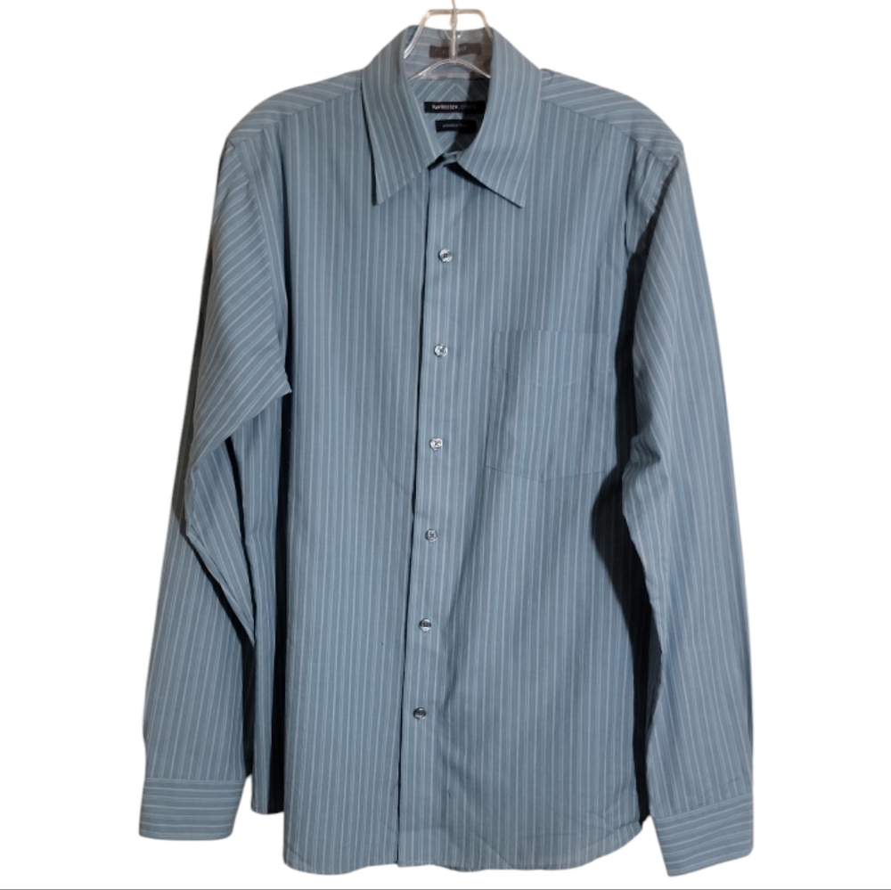 Van Heusen Studio slim fit dress shirt blue gray stripe wrinkle free mens small
